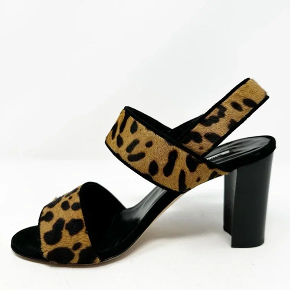 Manolo Blahnik Leopard Calf Hair Block Heel Sandals Size 37 US 7